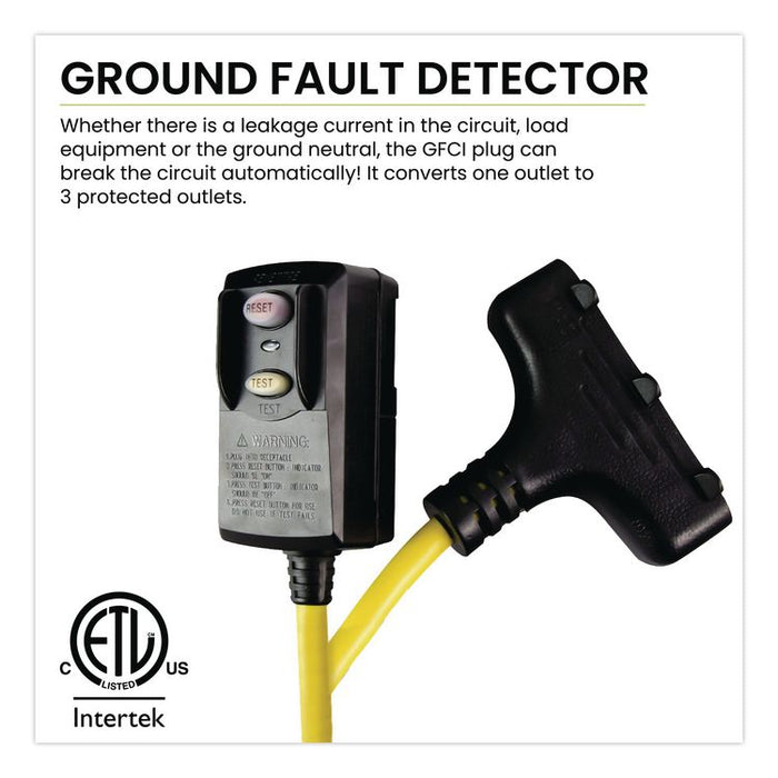 Portable Tri-Tap with GFCI, 3 Outlets, 2 ft Cord, Yellow