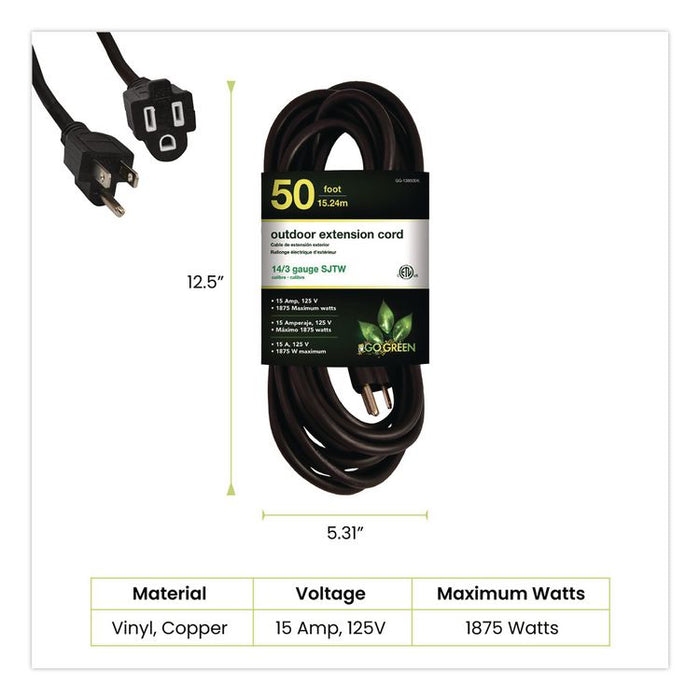 14 AWG Lighted End Heavy-Duty Extension Cord, 50 ft, 15 A, Black