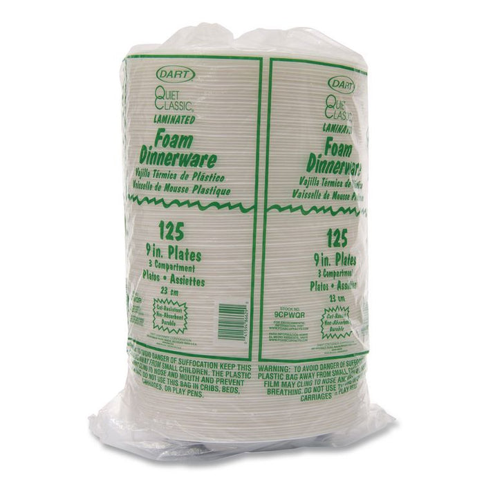 Mediumweight Foam Plates, 3-Compartment Plate, 9" dia, White, 125/Pack
