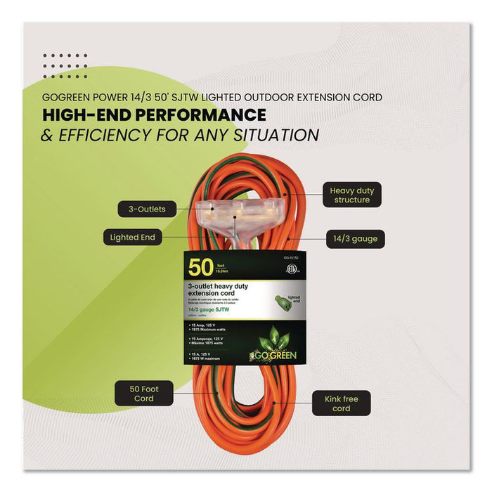 14 AWG 3-Outlet Heavy-Duty Extension Cord, 50 ft, 15 A, Orange