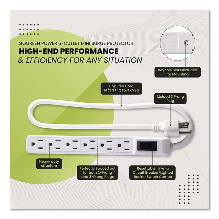 6 Outlet Mini Surge Protector, 2 ft Cord, 160 J, White