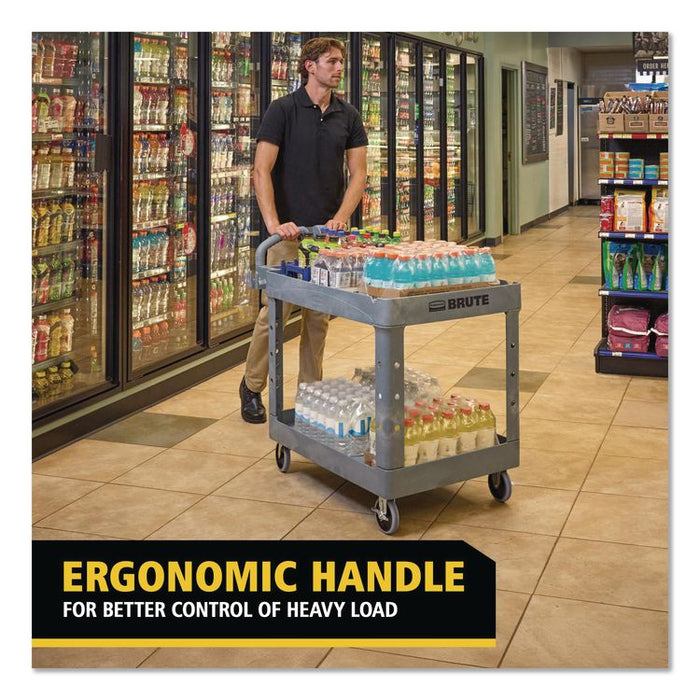 BRUTE Heavy-Duty Ergo Handle Utility Cart, Plastic, Two Shelves, 500 lb Capacity, 25.5" x 44" x 39", Gray