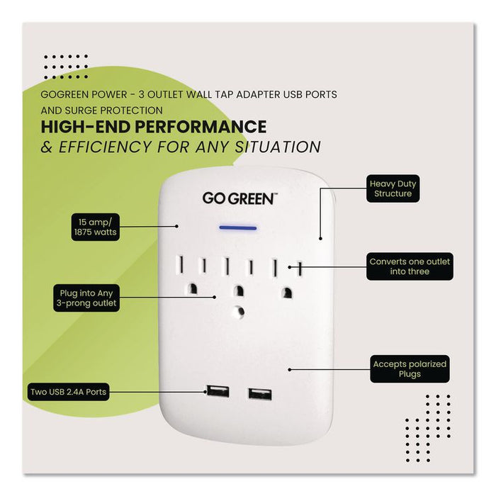 3 Outlet 2 USB Wall Tap, 735 J, White