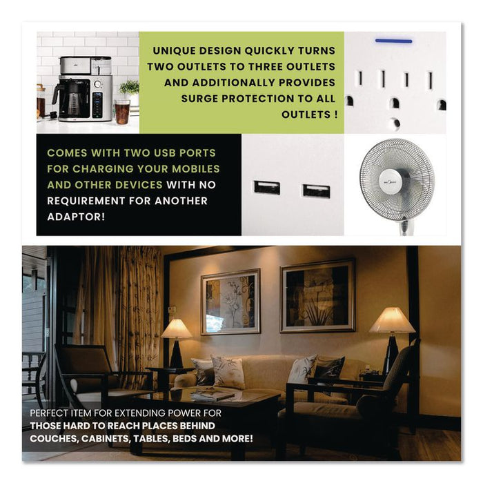 3 Outlet 2 USB Wall Tap, 735 J, White