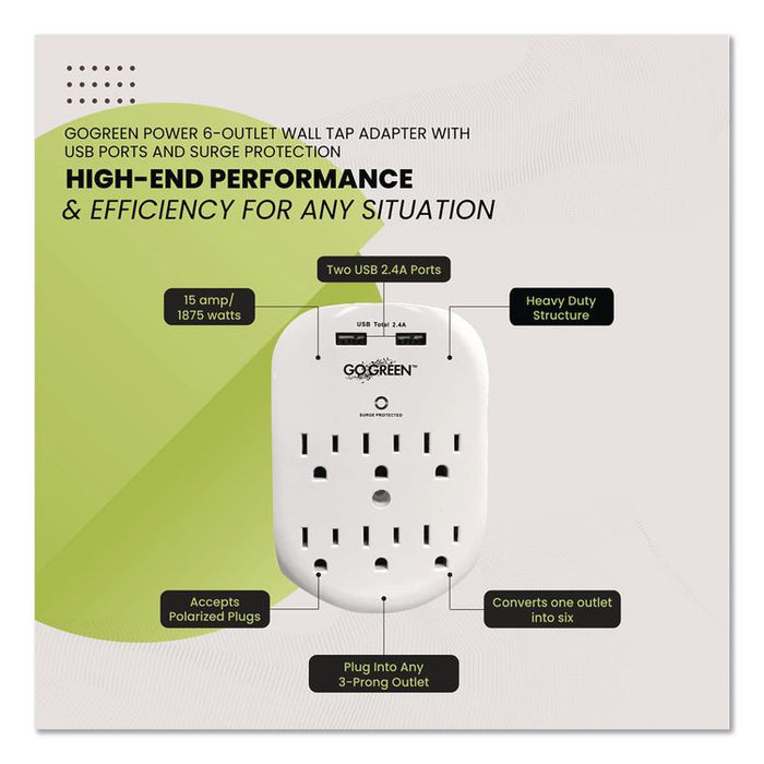 6 Outlet 4 USB Wall Tap, 735 J, White
