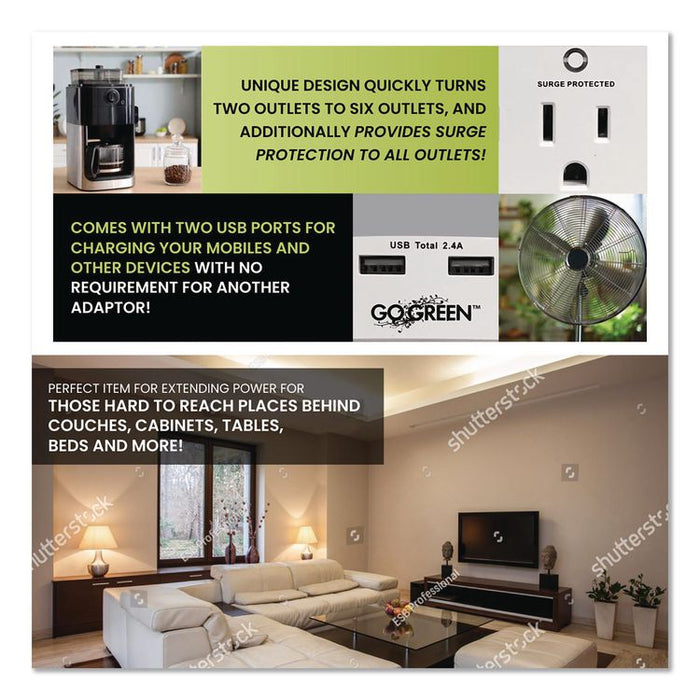 6 Outlet 4 USB Wall Tap, 735 J, White