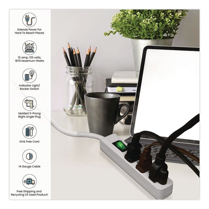 3 Outlet Power Strip, 2.5 ft Cord, White, 3/Pack