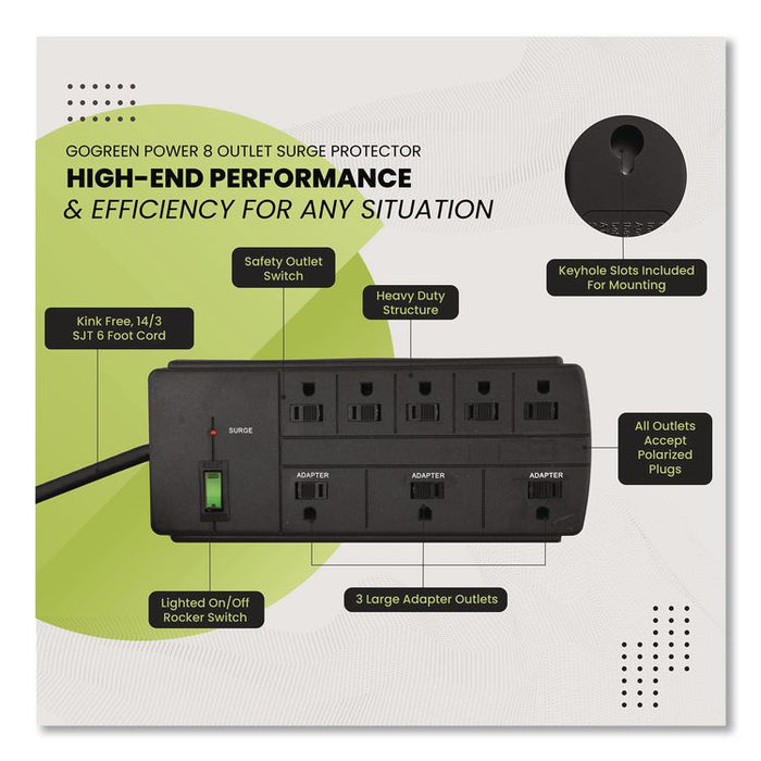 8 Outlet Surge Protector, 6 ft Cord, 750 J, Black