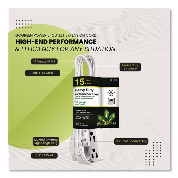 3 Outlet Indoor Extension Cord, 15 ft, 13 A, White