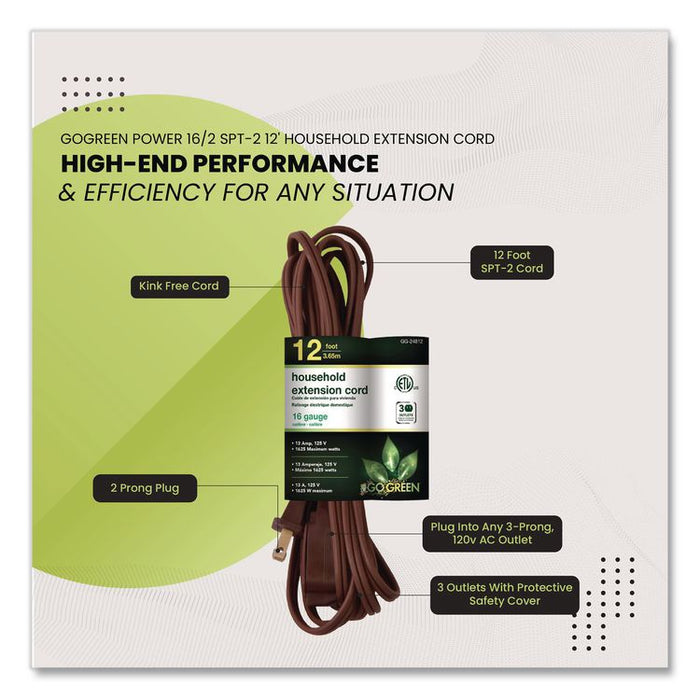 Household Extension Cord, 12 ft, 13 A, Brown, 3/Pack