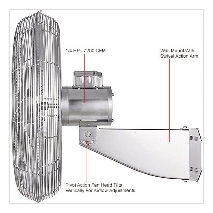 Washdown Wall Mount Fan, 24", 1 Speed, Silver