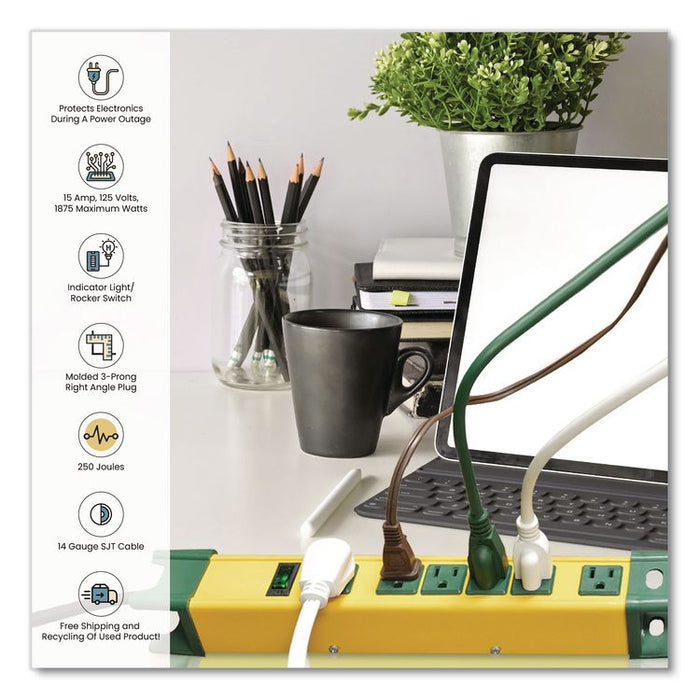 6 Outlet Metal Surge Protector, 6 ft Cord, 250 J, Yellow