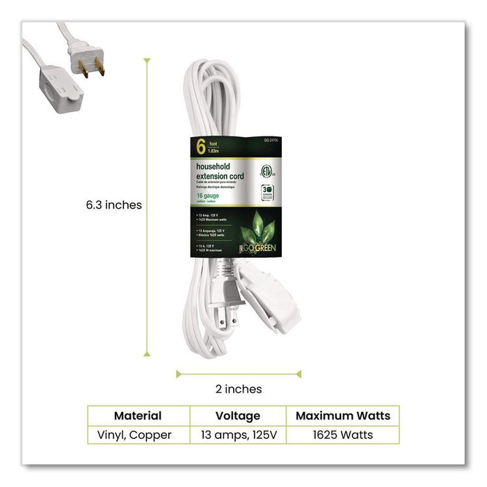 Household Extension Cord, 6 ft, 13 A, White 10/Pack