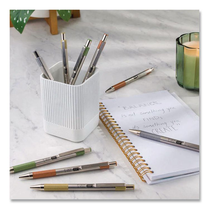 F-301 Signature Series Earthy Tones Ballpoint Pen, Retractable, Fine 0.7 mm, Black Ink, Pewter Barrel, 4/Pack