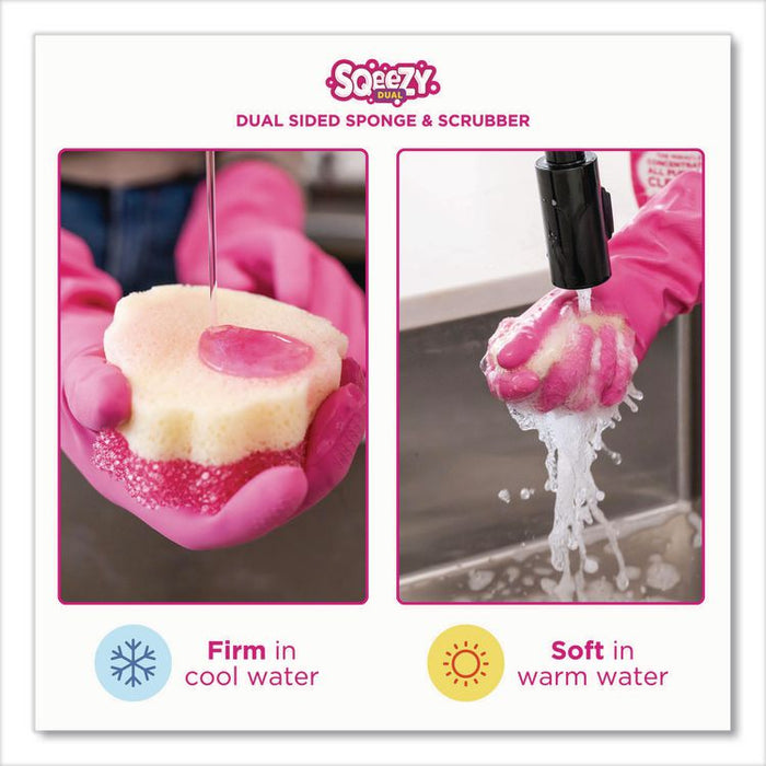 Sqeezy Dual-Sided Sponge and Scrubber, 4" x 5.3", 3.8" Thick, Pink/Ivory