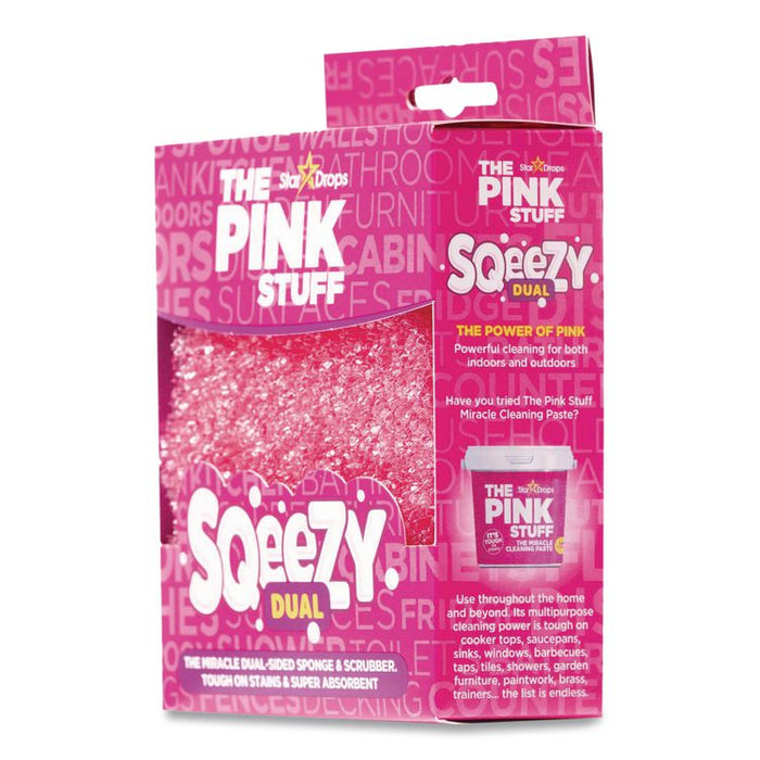 Sqeezy Dual-Sided Sponge and Scrubber, 4" x 5.3", 3.8" Thick, Pink/Ivory