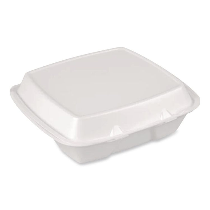 Foam Hinged Lid Container, Secure Two Tab Latch, Poly Bag, 9 x 9 x 3, White, 100/Bag, 2 Bags/Carton