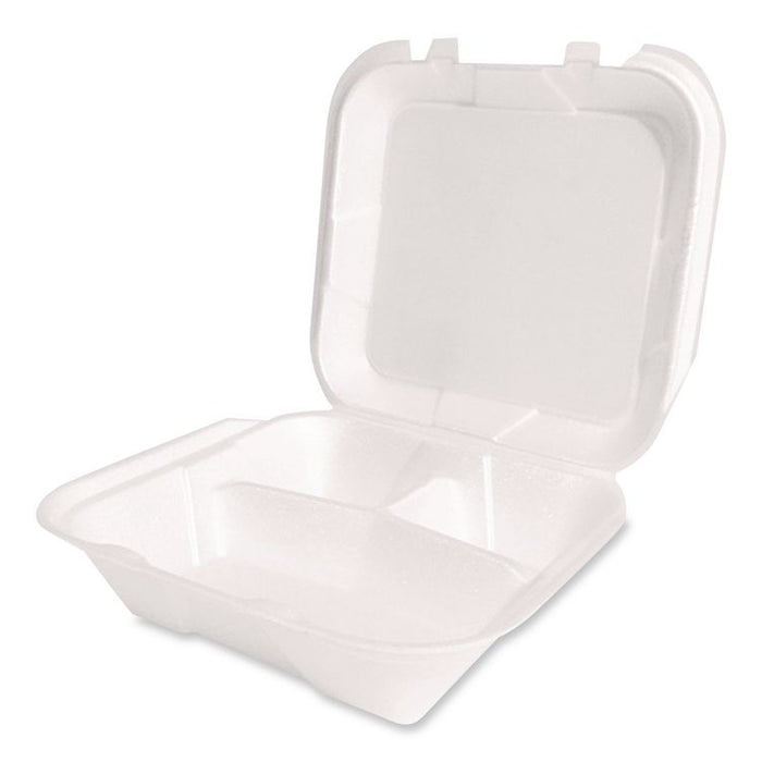 Foam Hinged Lid Container, Secure Two Tab Latch, Poly Bag, 3 Compartments, 9 x 9 x 3, White, 100/Bag, 2 Bags/Carton