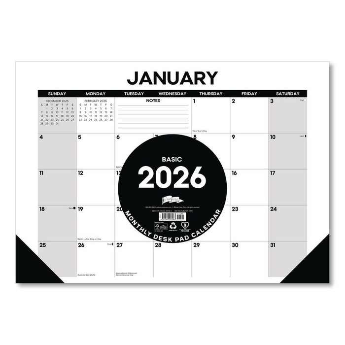 Basic Small Monthly Desk Pad Calendar, 17 x 12, White/Gray/Black Sheets, Black Headband/Corners, 12-Month (Jan to Dec) 2026