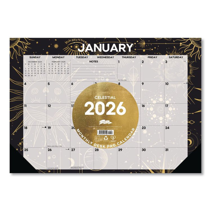 Celestial Small Monthly Desk Pad Calendar, 17 x 12, Black/Gold/Gray Sheets, Black Headband/Corners, 12-Month (Jan-Dec) 2026