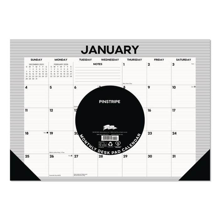 Pinstripe Small Monthly Desk Pad Calendar, 17 x 12, White/Gray Sheets, Black Headband, Black Corners, 12-Month (Jan-Dec) 2026