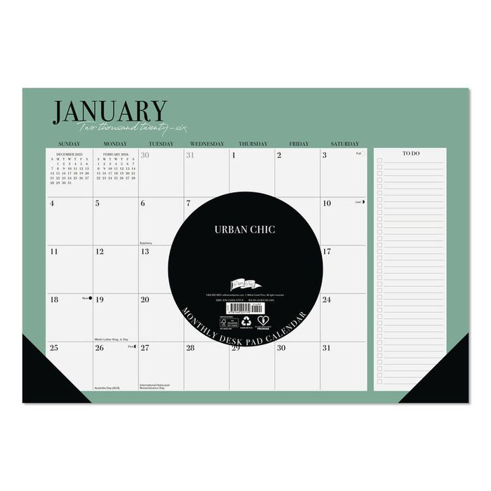 Urban Chic Small Monthly Desk Pad Calendar, 17 x 12, White Sheets, Black Headband/Corners, 12-Month (Jan to Dec): 2026