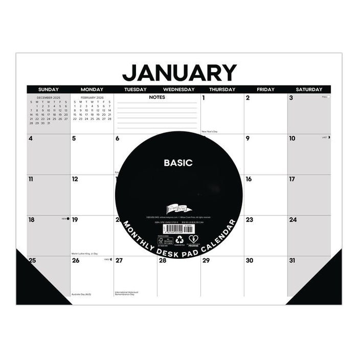 Basic Large Monthly Desk Pad Calendar, 22 x 17, White/Gray/Black Sheets, Black Headband/Corners, 12-Month (Jan to Dec) 2026