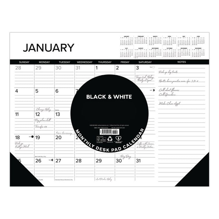Black-and-White with Lines Large Monthly Desk Pad Calendar, 22 x 17, White Sheets, Black Corners, 12-Month (Jan to Dec): 2026