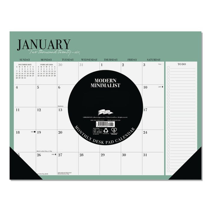 Modern Minimalist Large Monthly Desk Pad Calendar, 22x17, White/Teal Sheets, Black Headband/Corners, 12-Month (Jan-Dec) 2026