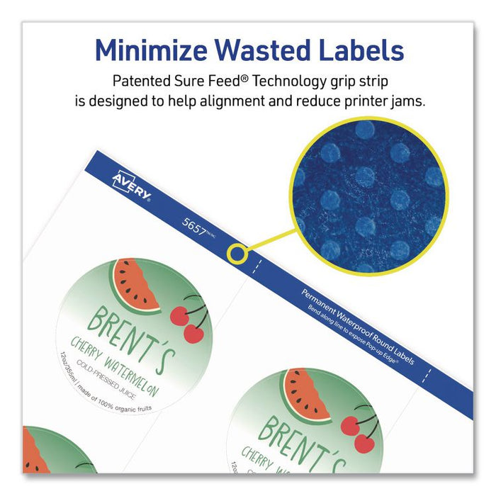 Waterproof Round Labels with Sure Feed Technology, Laser/Pigment-Based Inkjet, 2" dia, Matte White, 12/Sheet, 8 Sheets/Pack