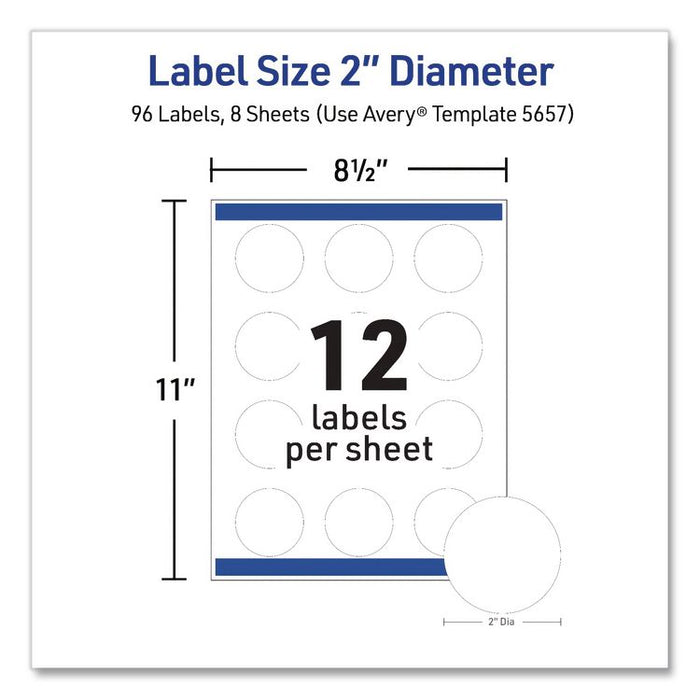 Waterproof Round Labels with Sure Feed Technology, Laser/Pigment-Based Inkjet, 2" dia, Matte White, 12/Sheet, 8 Sheets/Pack