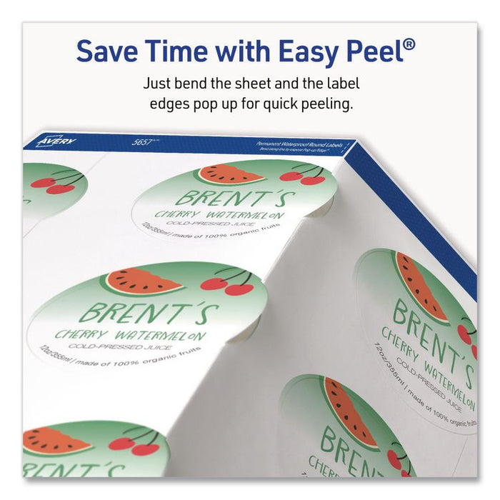 Waterproof Round Labels with Sure Feed Technology, Laser/Pigment-Based Inkjet, 2" dia, Matte White, 12/Sheet, 8 Sheets/Pack