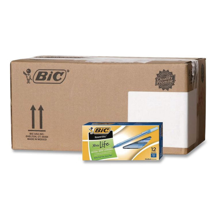 Round Stic Xtra Life Ballpoint Pen, Stick, Medium 1 mm, Blue Ink, Translucent Blue Barrel, 12/Box, 36 Boxes/Carton