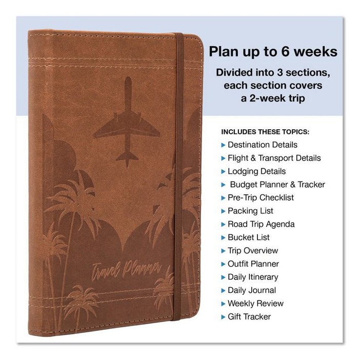 Travel Planner, Three Two Week Trips: 14 Subsections/Trip, Tropical Flight Artwork, 7 x 5, Distressed Brown Cover, Undated