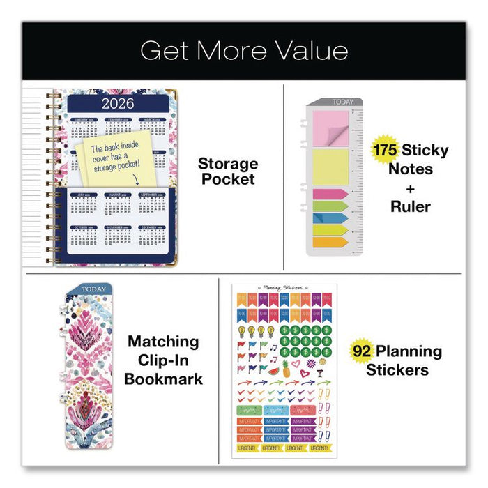Boho Ikat Academic Year Weekly/Monthly Planner, Floral Artwork, 8 x 5.5, Multicolor Cover, 14-Month: June 2025 to July 2026