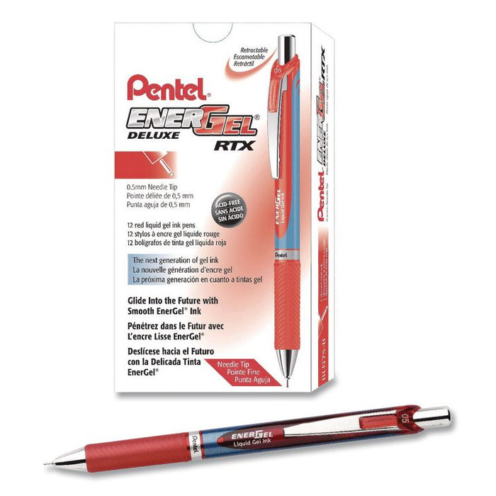 EnerGel RTX Deluxe Gel Pen, Retractable, Fine 0.5 mm, Red Ink, Red/Blue Barrel, Dozen
