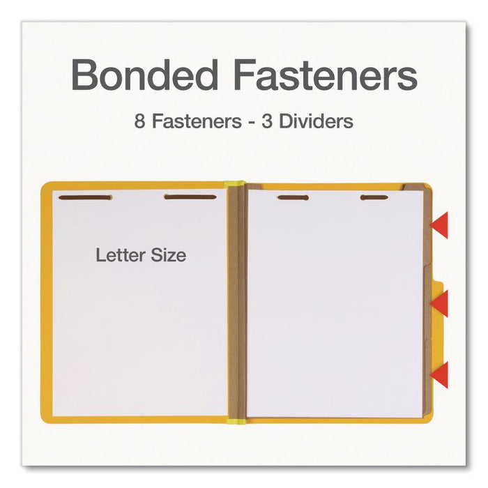 Heavy-Duty Pressboard Classification Folder, 2/5-Cut Tab, Expands 3", 3 Dividers, 8 Fasteners, Letter Size, Yellow, 10/Box