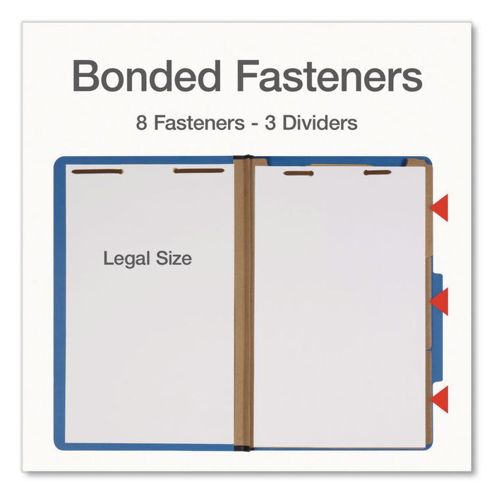 Heavy-Duty Pressboard Classification Folder, 2/5-Cut Tab: Right, Expands 3", 3 Dividers, 8 Fasteners, Legal Size, Blue, 10/BX