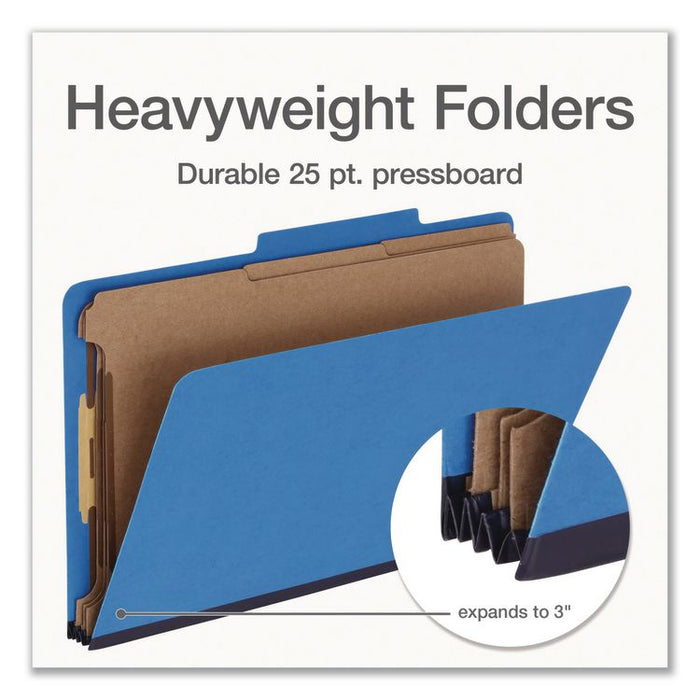 Heavy-Duty Pressboard Classification Folder, 2/5-Cut Tab: Right, Expands 3", 3 Dividers, 8 Fasteners, Legal Size, Blue, 10/BX