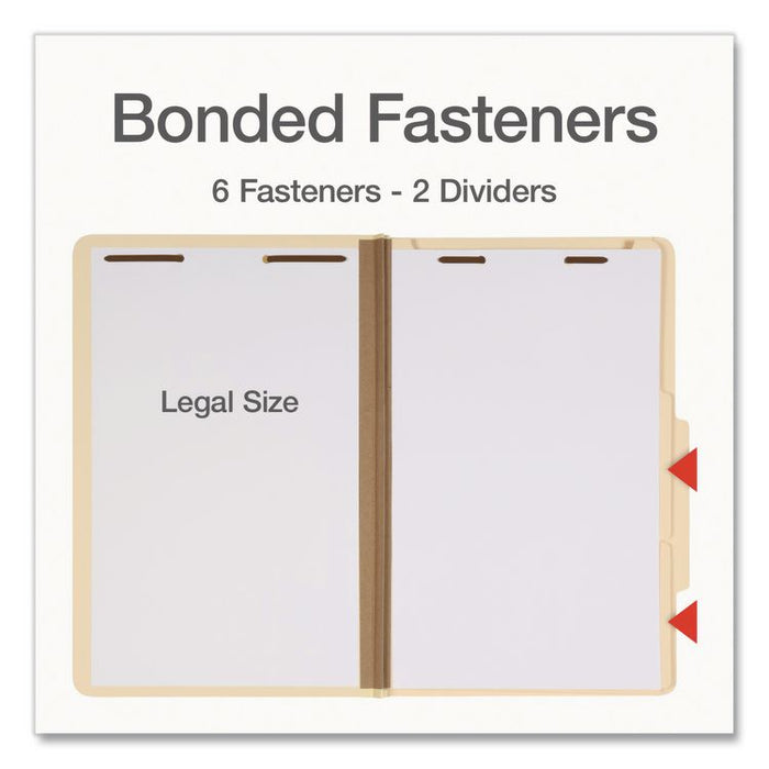 Heavy-Duty Pressboard Classification Folder, 2/5-Cut Tab, Expands 2", 2 Dividers, 6 Fasteners, Legal Size, Manila, 10/Box