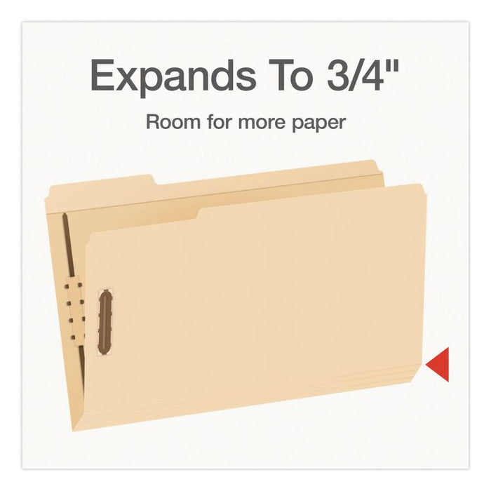 Manila Fastener Folders, 1/3-Cut Tab: Assorted, Expands 0.75", 2 Fasteners, Legal Size, Manila, 50/Box