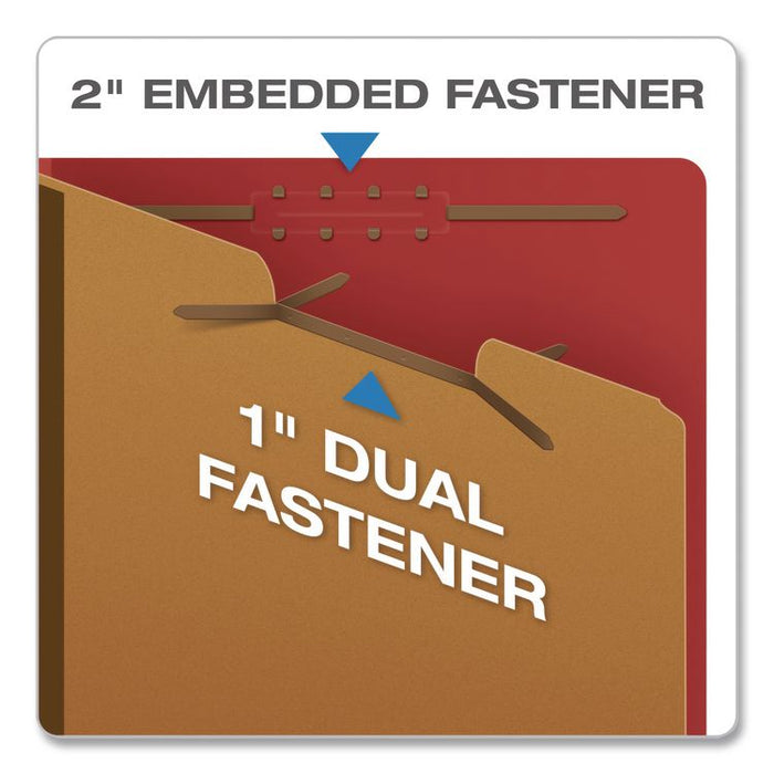 Heavy-Duty Pressboard End Tab Classification Folders, Expands 2.5", 2 Dividers, 6 Fasteners, Letter Size, Red, 10/Box
