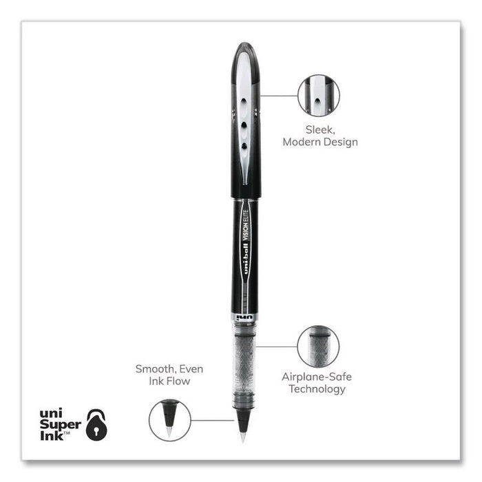 VISION ELITE Rollerball Pen, Stick, Micro 0.5 mm, Black Ink, Black/Clear Barrel, Dozen