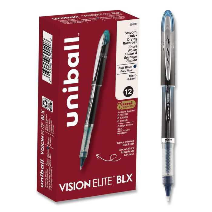 VISION ELITE BLX Series Rollerball Pen, Stick, Micro 0.5 mm, Blue-Infused Black Ink, Gray/Blue/Clear Barrel, Dozen