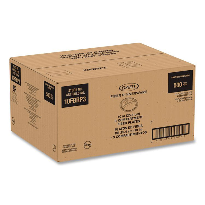 Compostable Molded Fiber Dinnerware, ProPlanet Seal, 3-Compartment Plate, 10.2" dia, Natural, 500/Carton