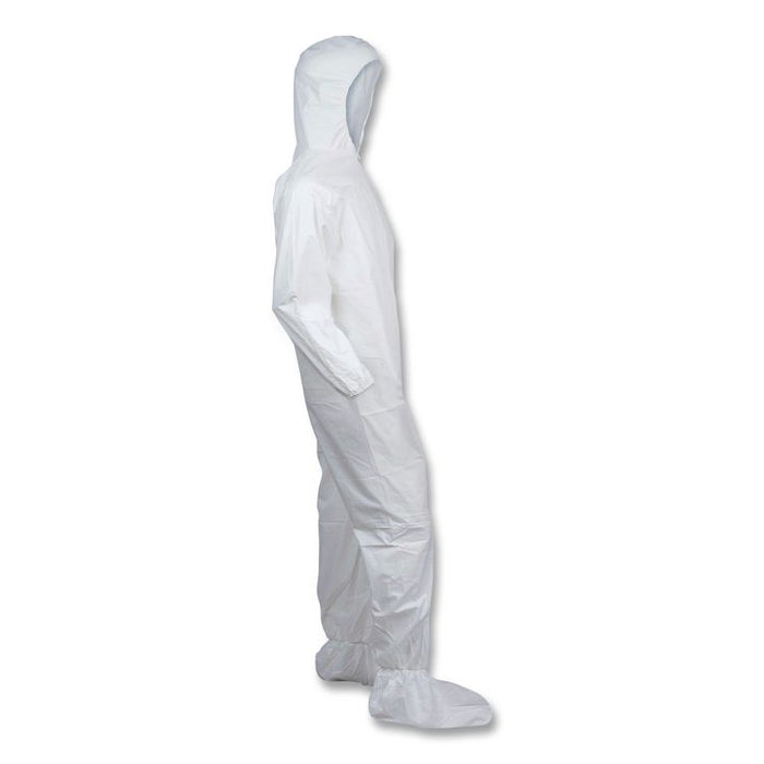 KleenGuard A30 Coveralls, Elastic Wrists, Ankles, Back, Hood and Non-Skid Boots, Medium, White, 25/Carton