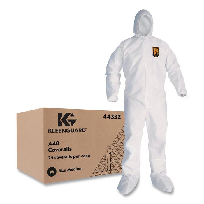 KleenGuard A40 Coveralls, Elastic Wrists, Ankles, Back, Hood and Non-Skid Boots, Medium, White, 25/Carton