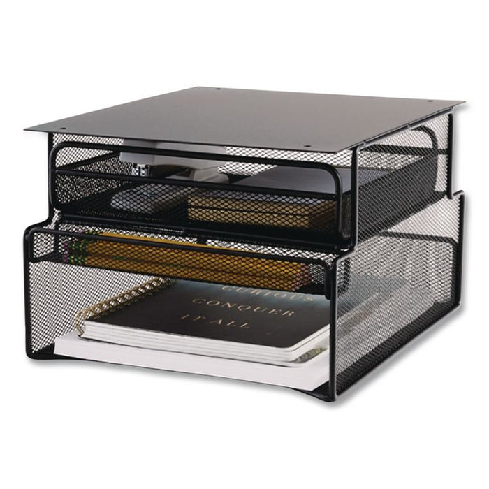 Onyx Hanging Organizer with Drawer, Under Desk Mount, 3 Compartments, Steel Mesh, 12.33 x 10 x 7.25, Black