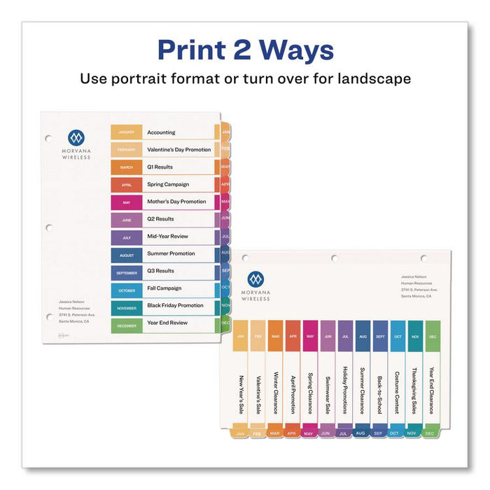 Customizable TOC Ready Index Multicolor Tab Dividers, 12-Tab, Jan. to Dec., 11 x 8.5, White, Traditional Color Tabs, 1 Set