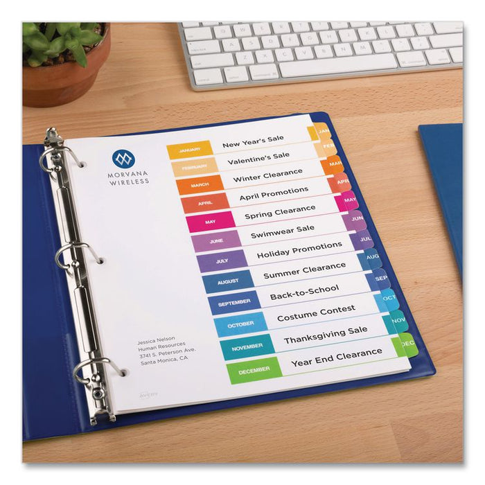 Customizable TOC Ready Index Multicolor Tab Dividers, 12-Tab, Jan. to Dec., 11 x 8.5, White, Traditional Color Tabs, 1 Set